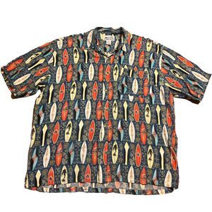 Sun Casuals Mens XL Blue Surfboard Tiki Print Rayon Hawaiian Button Down Shirt‎